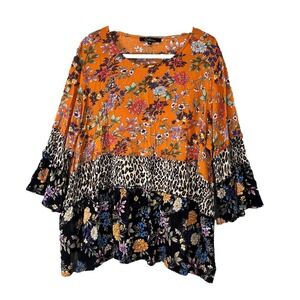 Calessa Womens 1X Boho Gauzy Peasant 3/4 Bell Sleeve Tunic Top Flowy Floral Tier